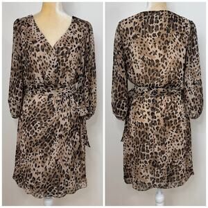 NWT Boston Proper Neutral Leopard Wrap Dress Size 10 Brown Multi Lined